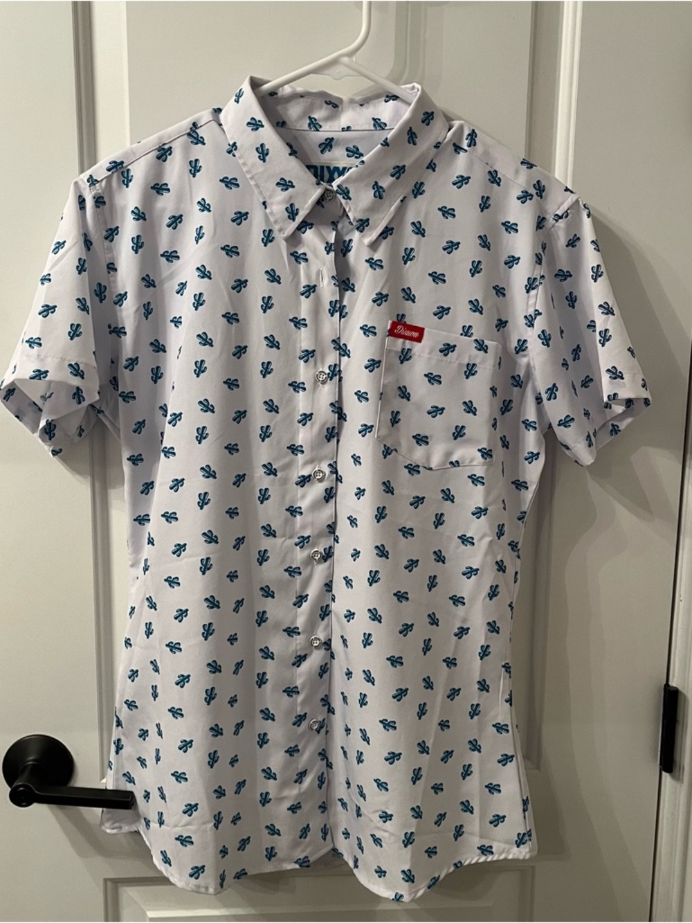 DIXXON White Short-Sleeve Button-Down Shirt with Teal Cactus Print
